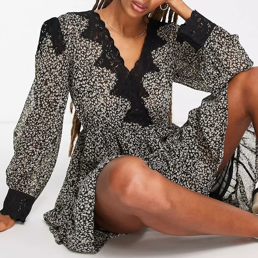 Topshop Floral Dress Women's Lace Witchy Cottage Core Ruffles Boho